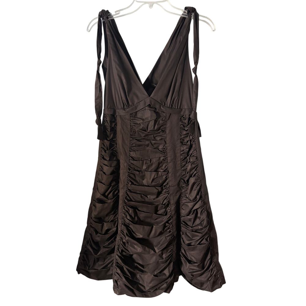 Marc Jacobs Ruched Cotton Dress Size 10 Deep V Tie Shoulder Y2K Romantic LBD - Picture 2 of 7